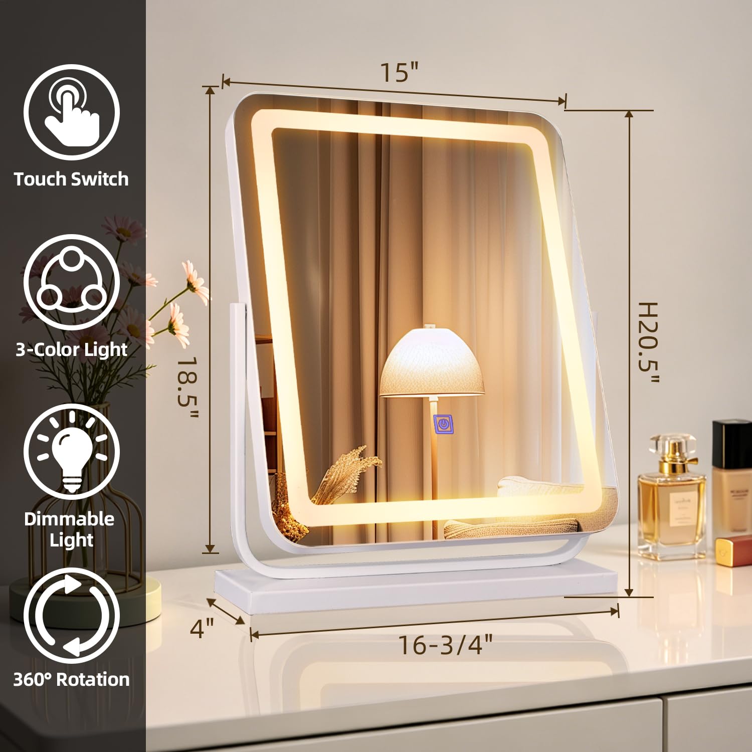 MantoLite Specchio cosmetico, dotato di illuminazione a tre livelli, girevole a 360 gradi e specchio cosmetico da tavolo dimmerabile, adatto per camere da letto e bagni.
