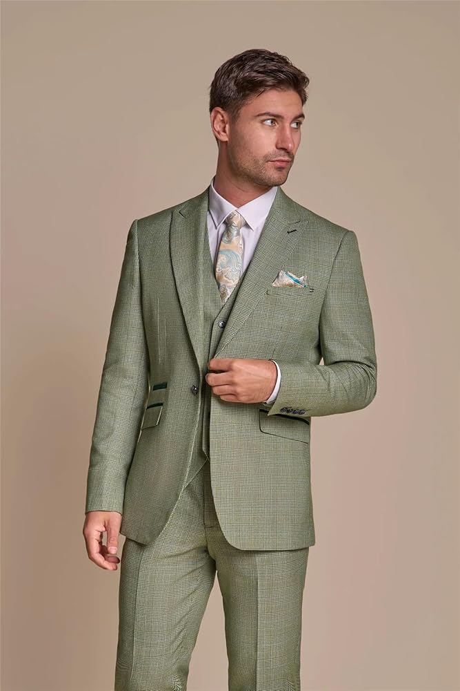 Men's Suit Sage Green 3 Piece Checked Tailored Fit Formal Dress - Sage 34  at Amazon Men's Clothing store