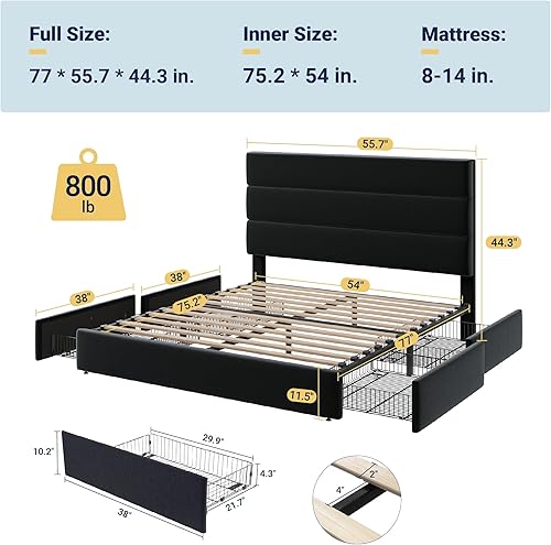 Miniatura 2 de Allewie Base de cama moderna de tamaño matrimonial con 4 cajones de almacenamiento y cabecera tapizada de terciopelo, soporte de listones de madera,
