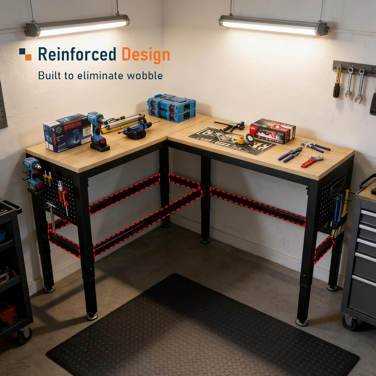 56"x 48"L Shaped Adjustable Workbench with Power Outlets, Heavy Duty Work Table with Pegboard, 6000LBS Load Capacity, Work Bench for Garage, Workshop, Home Office (L Shaped/56 x48)