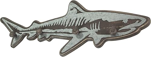 Zeckos Estante de gancho de pared de tiburón de madera envejecida de 33 pulgadas con detalles de metal, decoración de océano, escultura artística