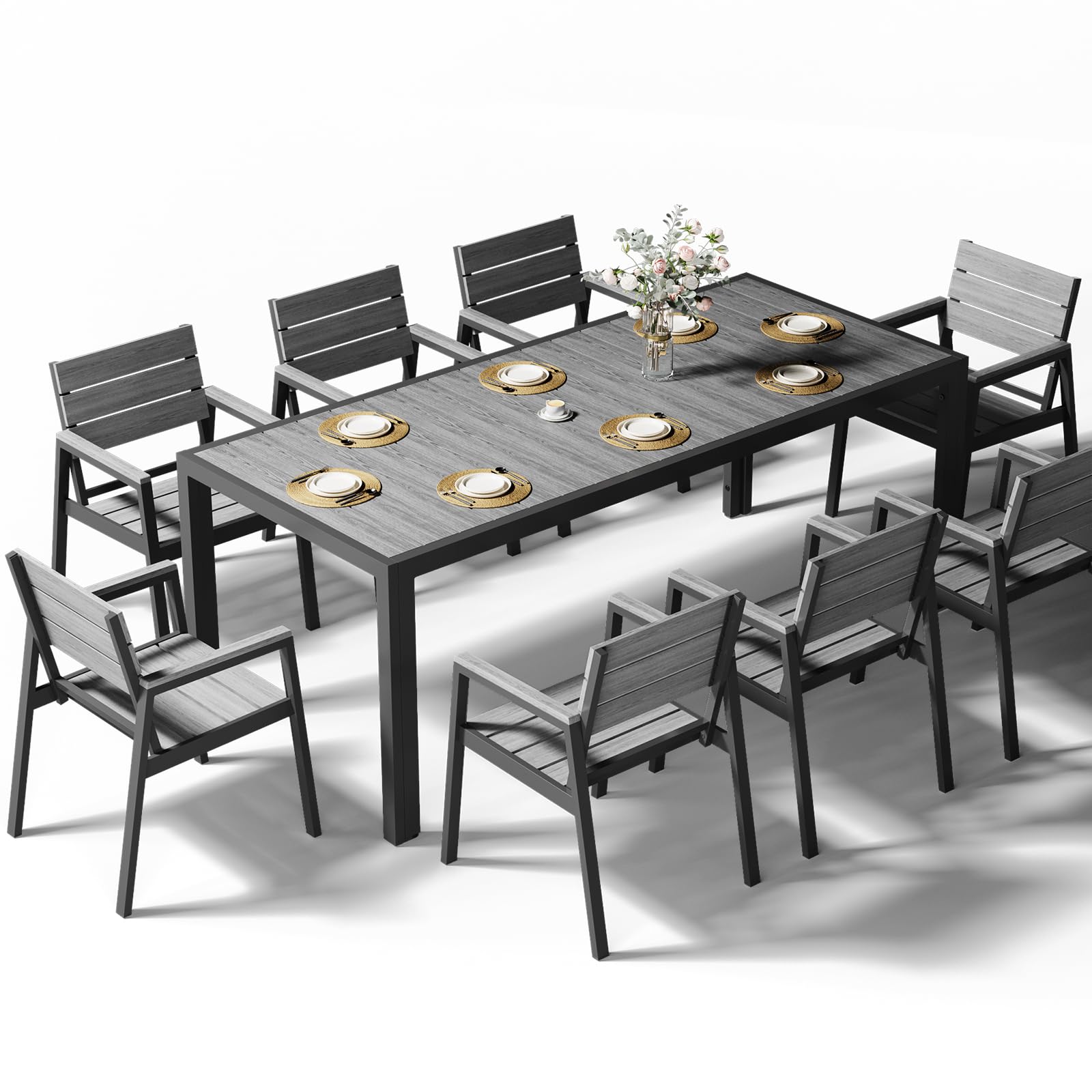 Devoko Gartenmöbel Set 8 stühle mit tischt, Hochwertiges Gartenset Tisch und stühle in Holzoptik, Balcony Furniture alu, Gartengarnitur wetterfest, rostfrei, leicht und langlebig, Dunkelgrau.