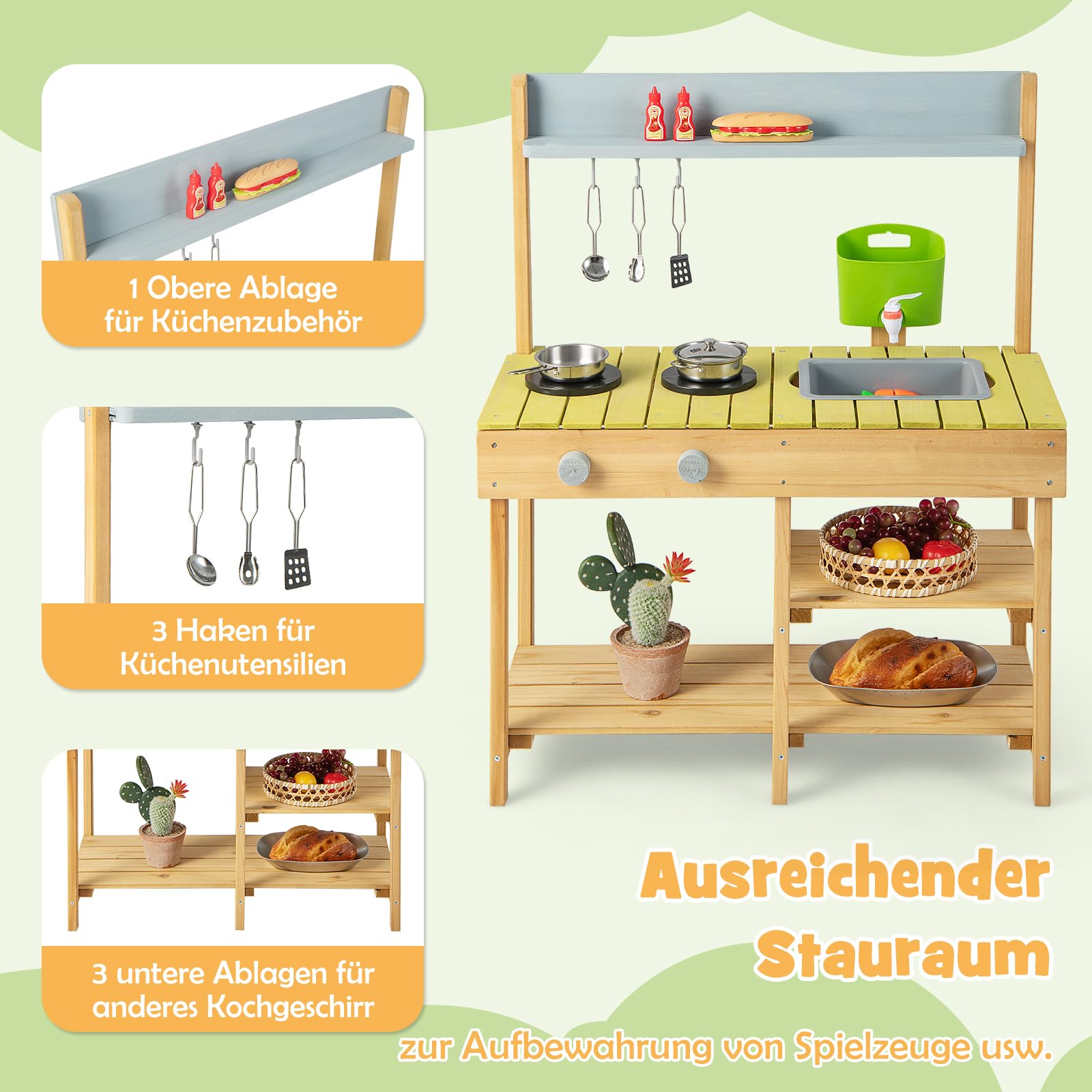 DREAMADE Matschküche Kinder Outdoor, Kinderküche mit Wassertank, Wasserhahn, Herd & abnehmbarem Regal, Spielküche aus Tannenholz, Outdoor Küche inkl. Zubehör für Jungen & Mädchen ab 3 Jahren (Natur)