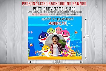 WoW Party Studio Personalized Shark Theme Party Happy Birthday Decorations Background / Backdrop Banner with Birthday Boy/Girl Name, Age & Image (4ft x 5ft)