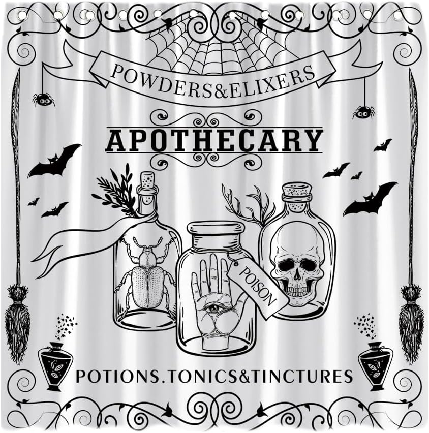 Pink Halloween Spooky Shower Curtain Alchemy Magic World Witch Pumpkin Witchcraft Horror Skull Spooky Ghosts Watercolor Boho for Girls Boys Bathroom Curtain Set with Hook