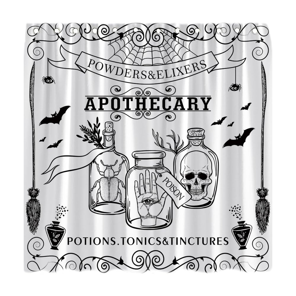 Halloween Spooky Shower Curtain Black Alchemy Magic World Witch Pumpkin