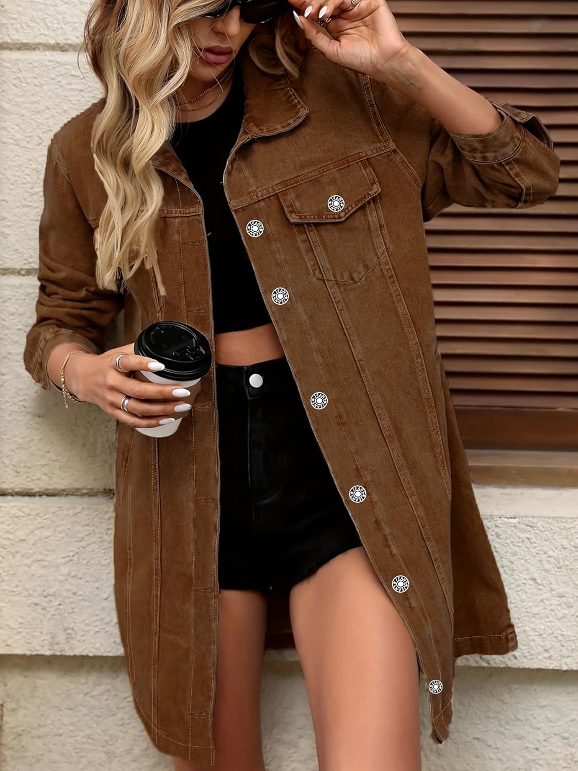 Jean Jacket Oversized Womens Classic Jean Jacket With Hood For Curvy Women Long Sleeve Denim Trench Coat(Brown) - Image 4