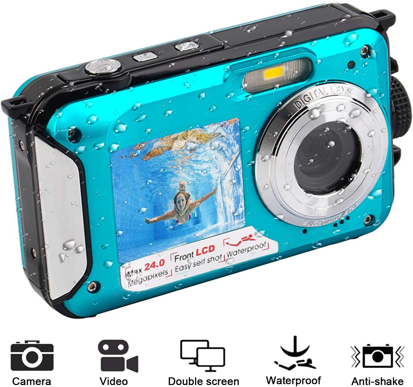 Waterproof Digital Camera Underwater Camera 24 MP Video Recorder Full HD 1080P Selfie Dual Screen Waterproof Camera DV Recording Point and Shoot Digital Camera (801BJ)