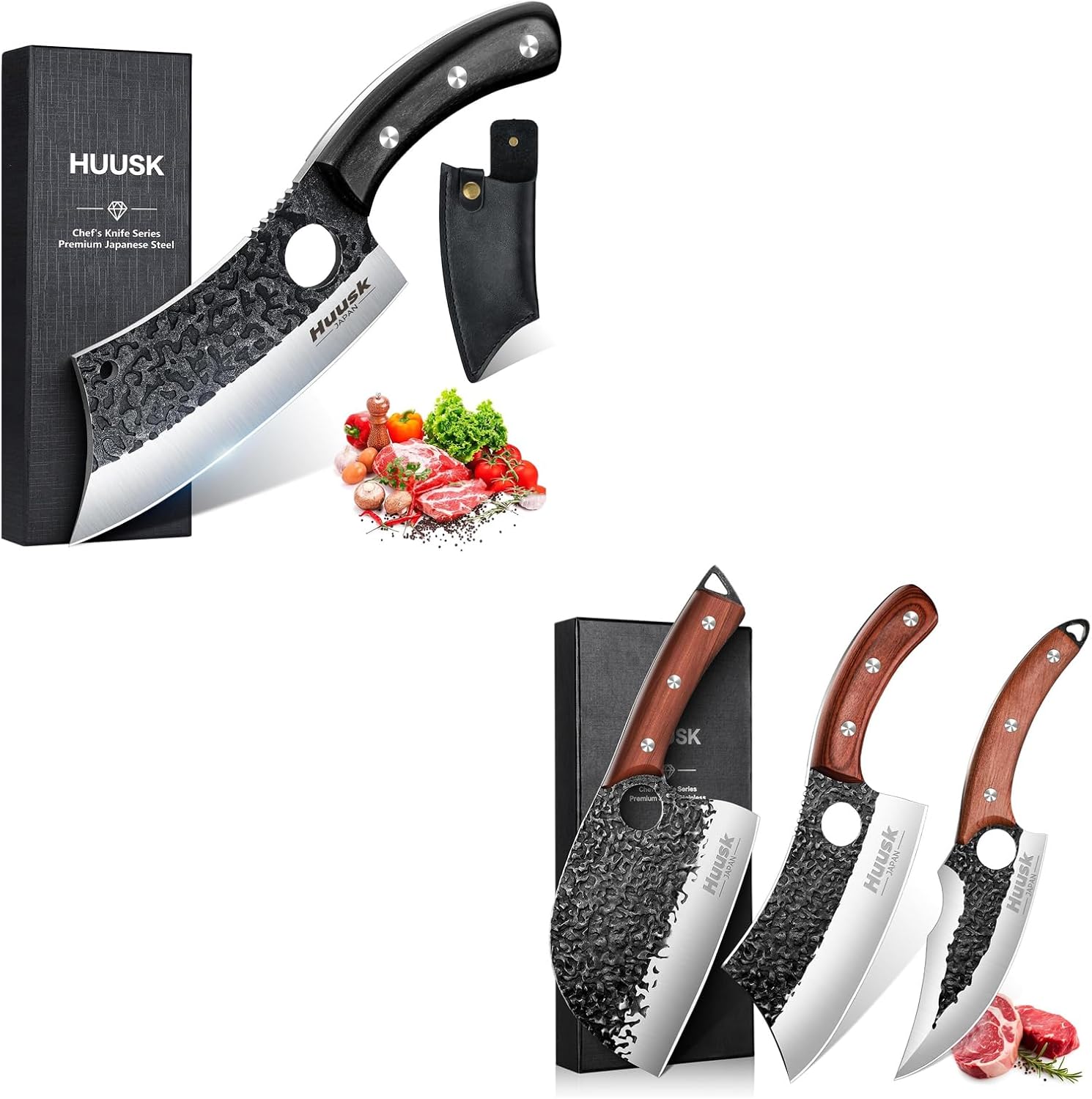 Huusk Knives Japan, Hand Forged Meat Cleaver Knife with Sheath，High Carbon Steel Kitchen Knife for Meat and Vegetables，Home & Outdoor Cooking & BBQ Camping knives, Gift for Men