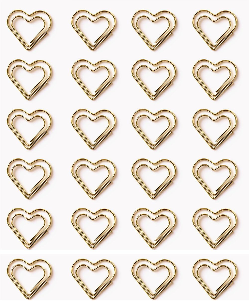 100PCS Cute Heart Shaped Paperclips Funny Bookmarks Metal Decorative Clips Heart Paper Clamps for School Office Home (Gold)