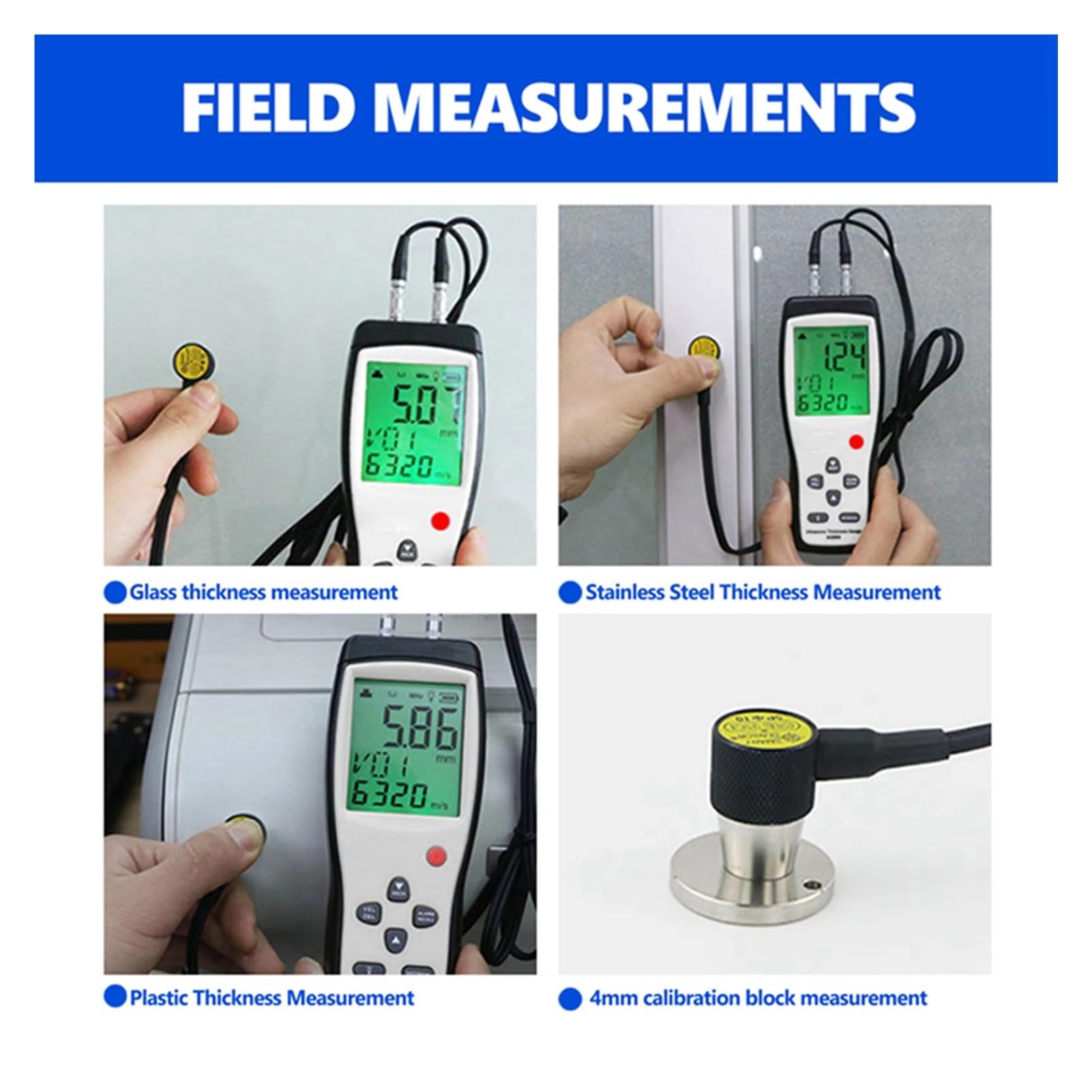 Medidor de espesor ultrasónico digital, medidor velocidad del sonido, comprobador profundidad metales, acero, plástico, vidrio, PVC y tuberías Con calibración automática