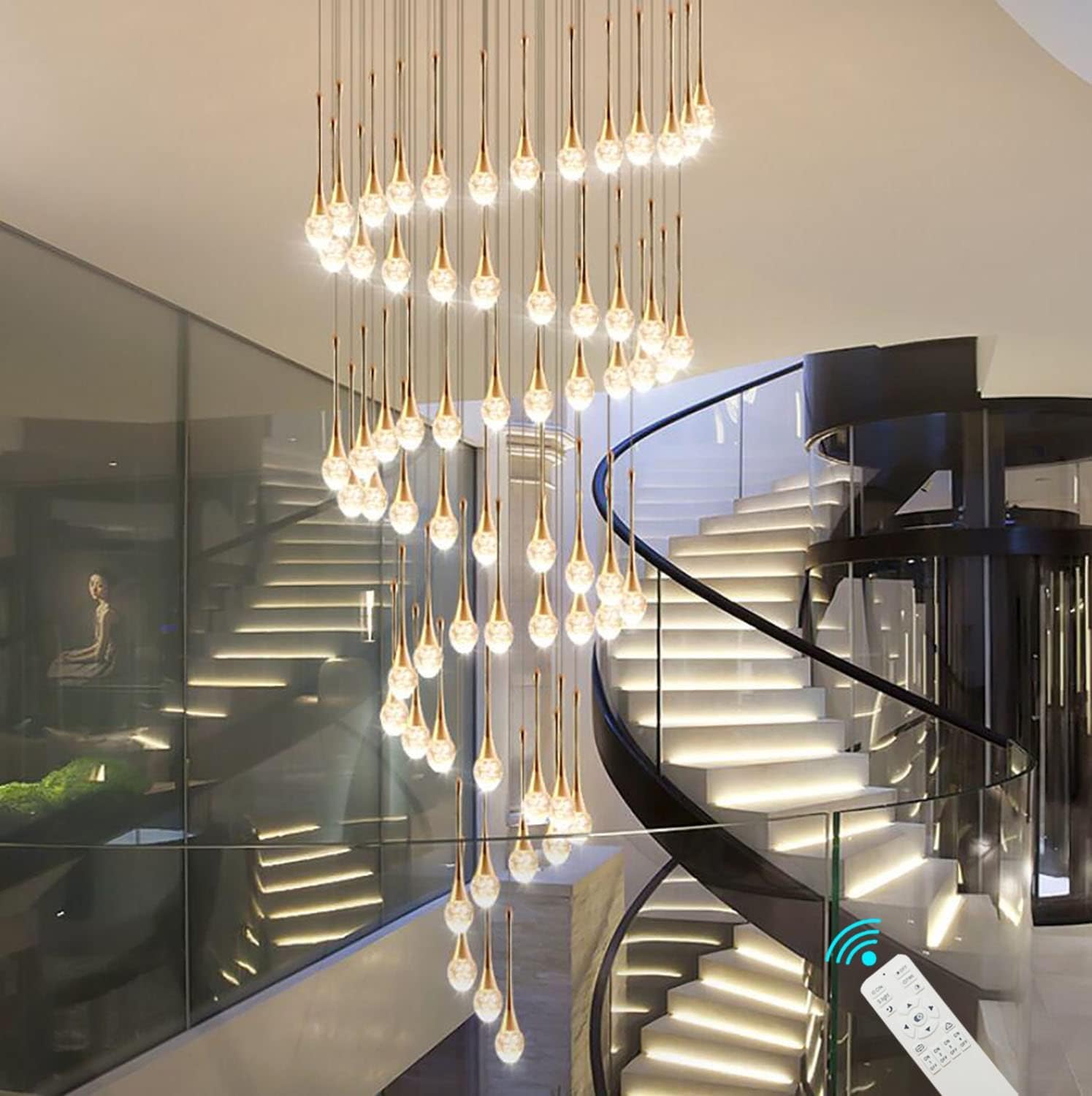 PCXEHUYP H150'' High Ceiling Chandeliers for Entryway 36-Lights Black Spiral Crystal Chandelier Modern Villa Staircase,Hanging Light Fixtures