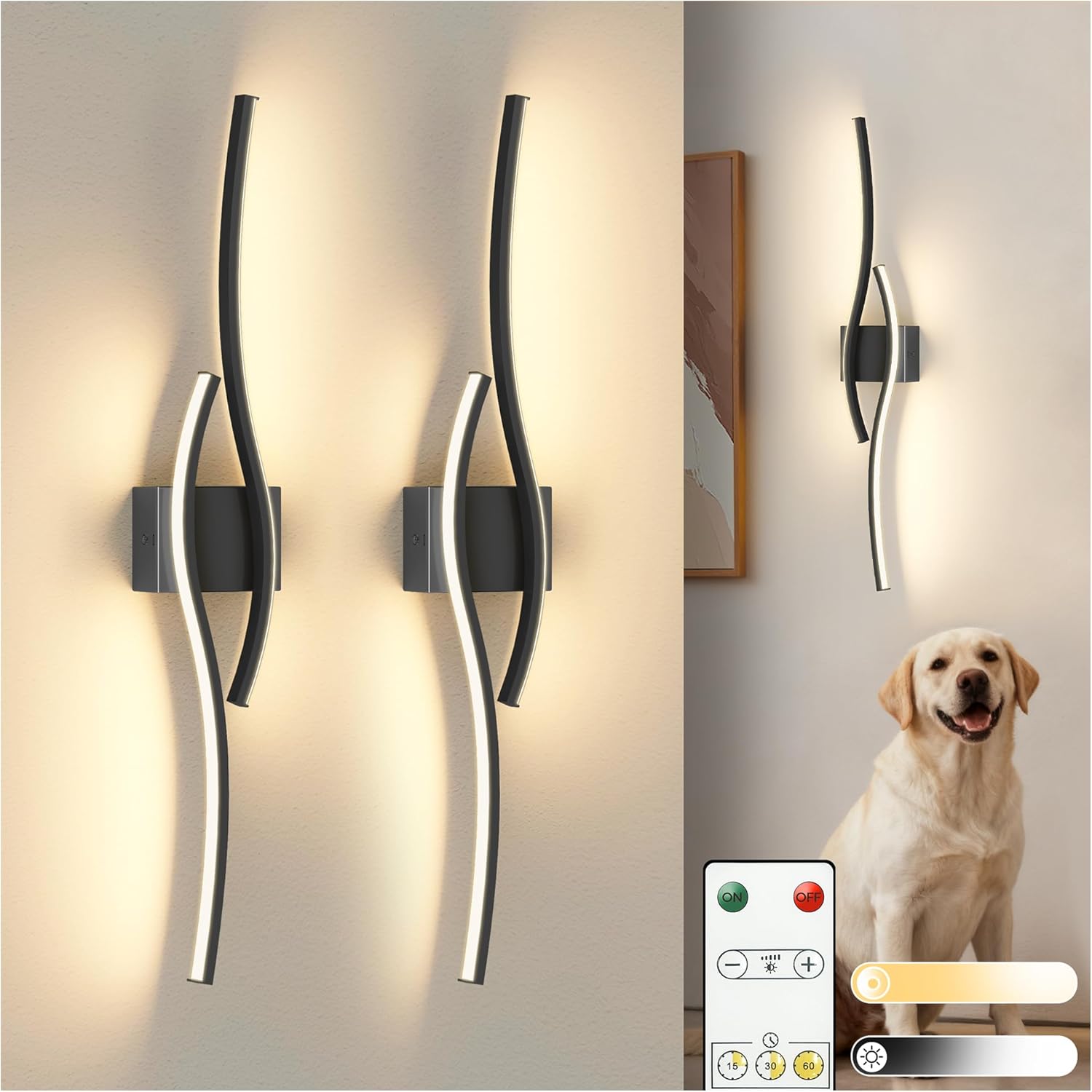 L LOHAS LED Battery Operated Wall Sconces Set of 2, Battery Wall Sconce 7200mAh, Black Rechargeable Sconces 3000K, 31.6 Inch Dimmable Wireless Wall Lights, Sconce Wall Decor for Bedroom, Living Room Black 31.6in