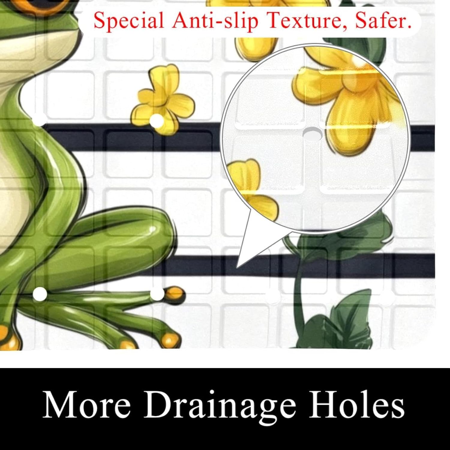 Cute Frog with Flowers Striped Backgroun Bath Tub and Shower Mats, Non Slip Bathmat with Drain Holes and Suction Cups for Bathroom Floor, 15.1 x 26.8 Inch
