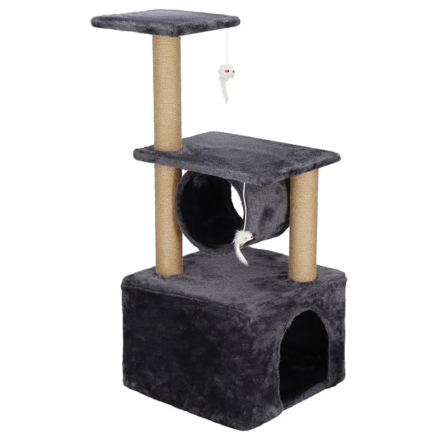 SPRINGOS Árbol rascador para gatos, 2 plataformas, caseta, ratones de juguete, 62 cm
