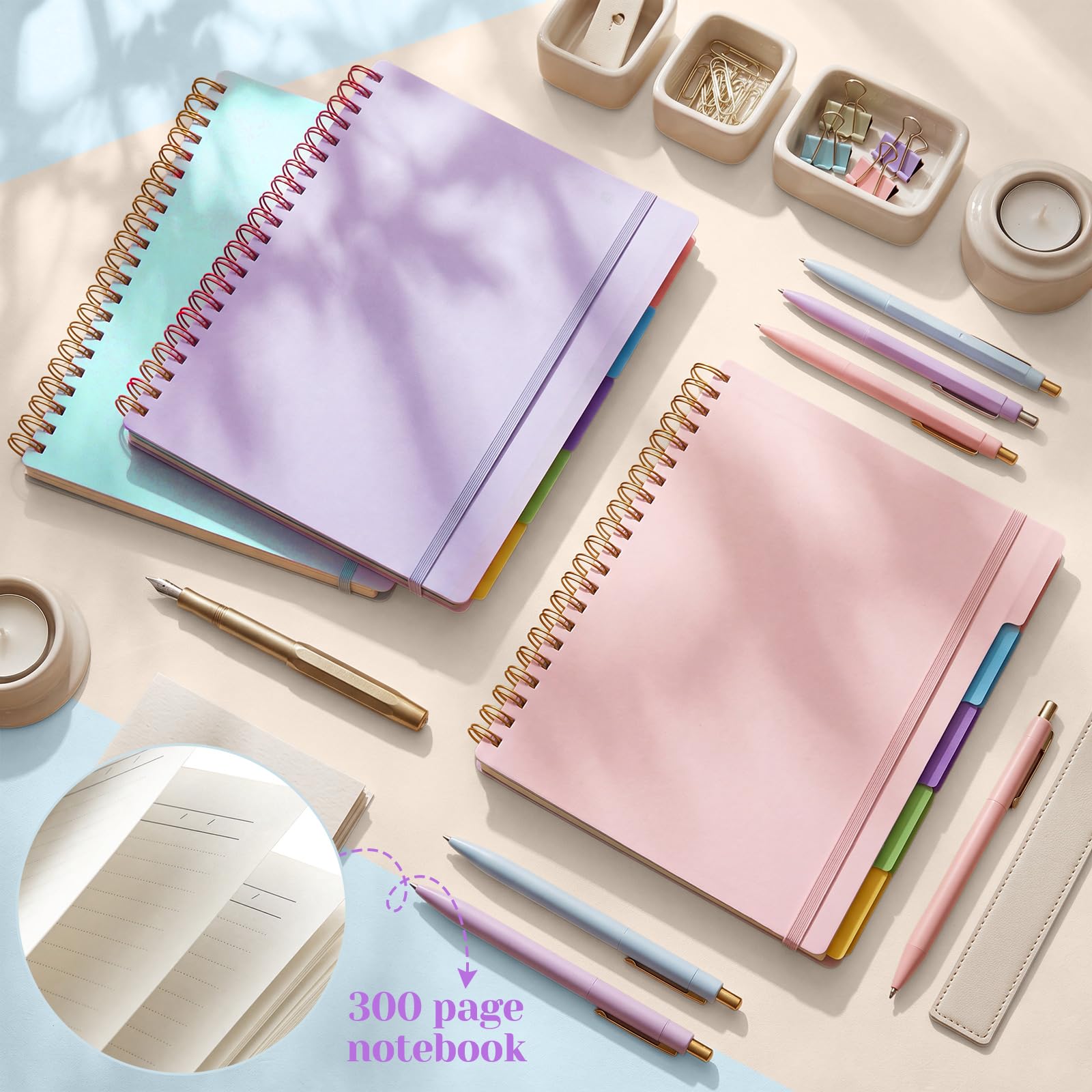 Resurhang 3 Pcs Spiral Notebook 5 Subject Notebooks Journal A4 8.5" x 11" with Removable Dividers College Ruled 300 Pages Thick Spiral Writing Journal for Women Men Work School, Purple Pink and Blue