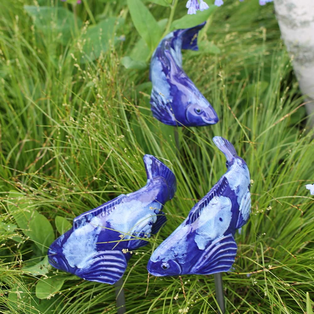 CNPOP Koi Fish Decor Garden,Garden Koi Fish Sculptures Ceramic with Stake, Koi Fish Garden Sculptures, Fish Statue Decor, for Outdoor Garden Lawn Pond Patio Decor Ornament (Blue)