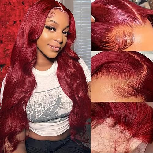 99J Burgundy Lace Front Wigs Human Hair 99J 13X4 Body Wave HD Lace Frontal Wig Human Hair Burgundy Transparent Lace Front Wig Colored Pre Plucked With Baby Hair 180% Density Wine Red 26 Inch