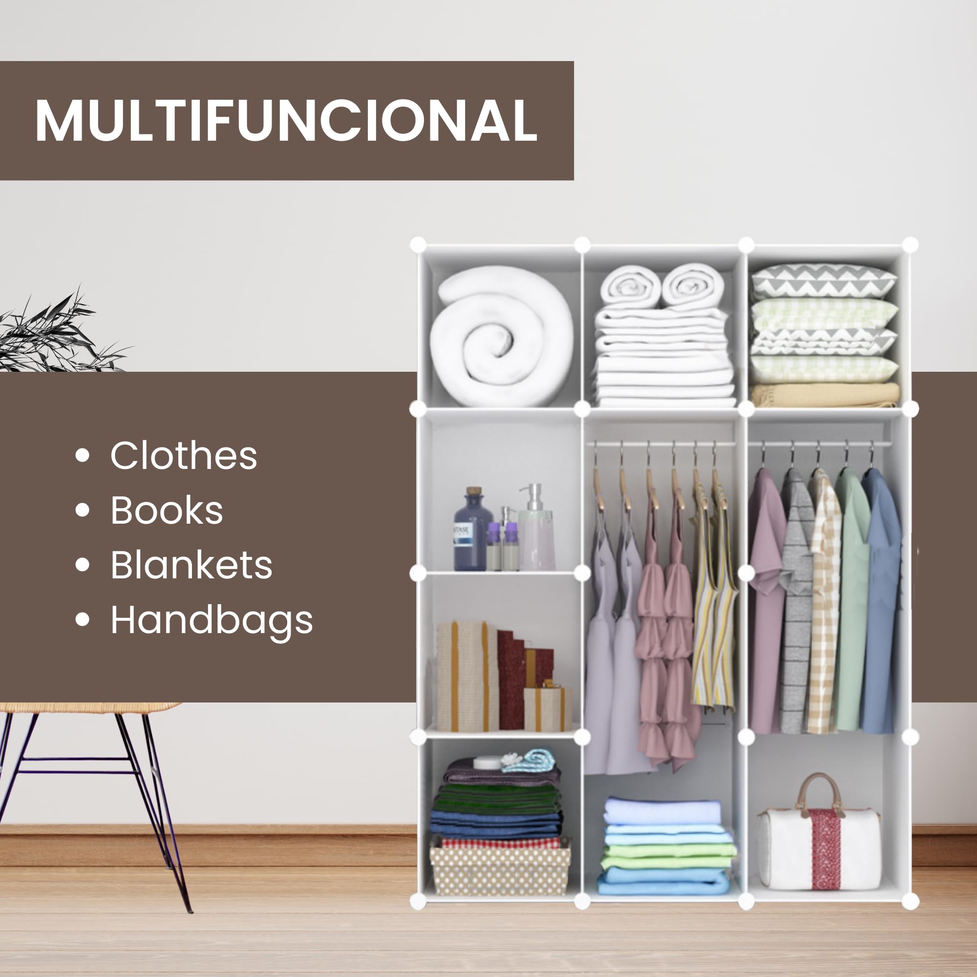MAGIC SELECT Armadio modulare, Scaffalatura Modulare, Armadio Organizzatore Modulare per Abiti per la Casa, Ripiano Portaoggetti per Camera da Letto, 20 Moduli, 4 Barre, 175x140 cm, Bianco