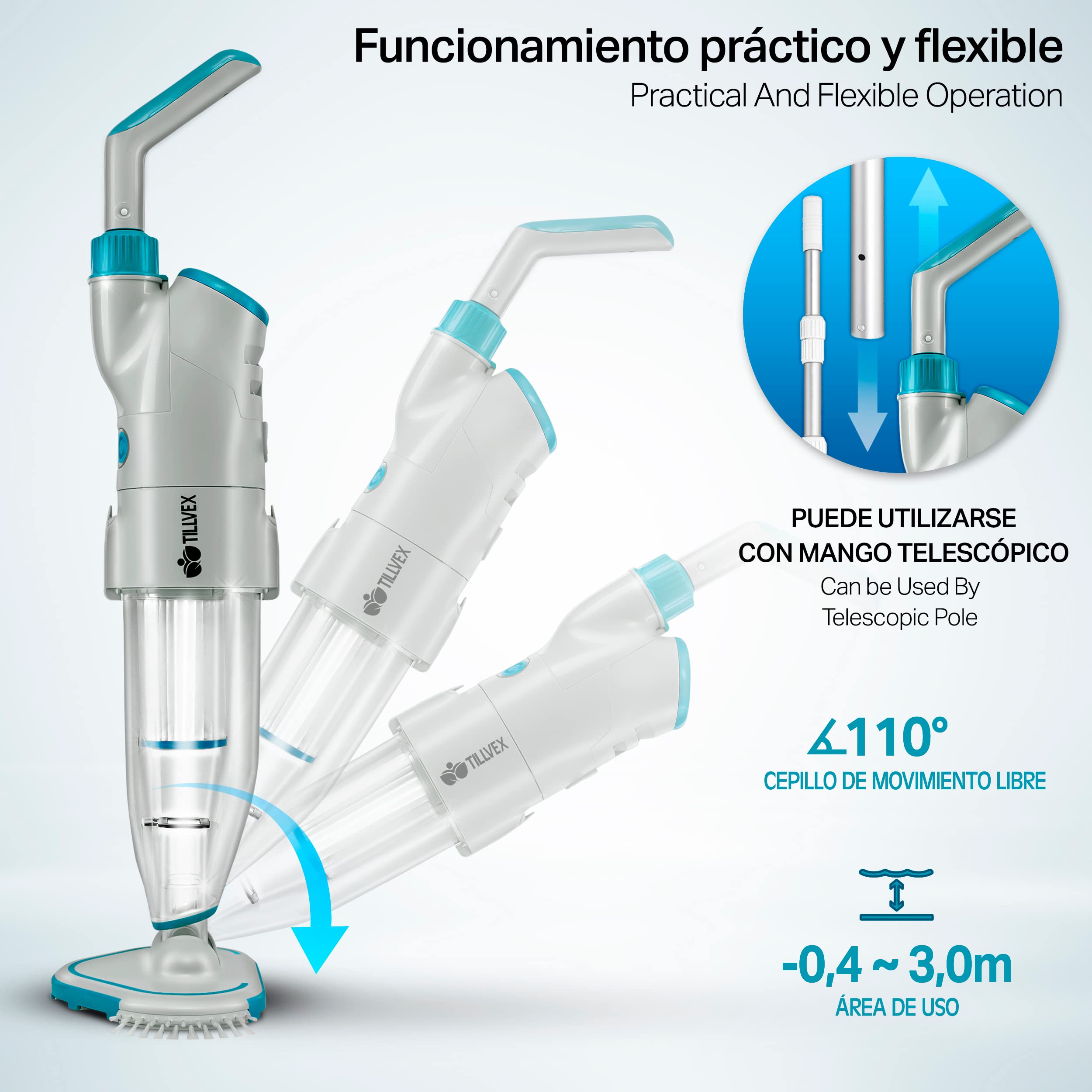 tillvex Limpiafondos Eléctrico de Piscina | Set Aspirador de Fondo Automático con Mango Telescópico | Aspiradora Inalámbrica de Limpieza con Filtro y 2 Velocidades