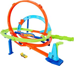 Hot Wheels Juego de pistas de coche de juguete, desafío de ciclón de bucle de acción, 18 pulgadas de alto, 2 formas de jugar y fácil almacenamiento