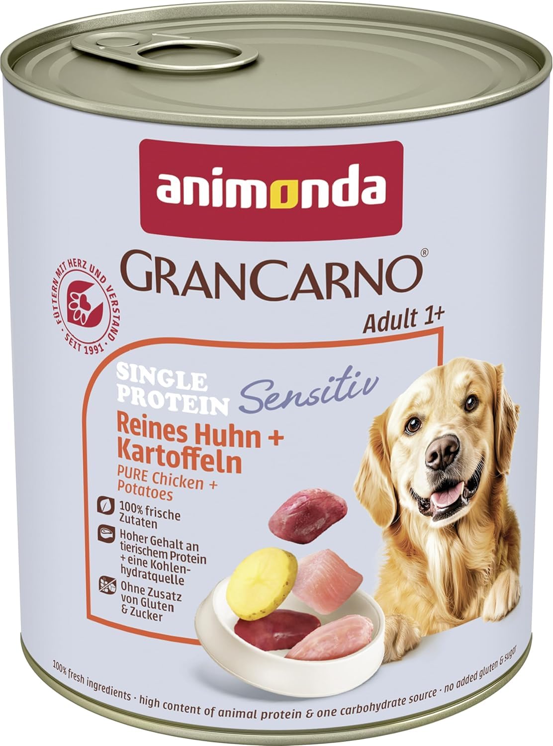 Nourriture pour chien GranCarno Sensitiv Adult d’animonda, nourriture humide pour chien adulte, pur poulet + pomme de terre, 6 x 800 g