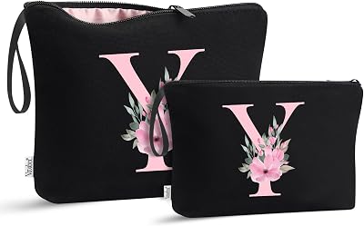 Vavabox Trousse de Toilette personnalisée A à Z, Tissu Premium & Fermeture éclair Robuste, Cadeau Parfait Femme, idée Cadeau Fille Unique, Cadeau Unique pour mariée ou Demoiselle (Y, Noir 2 Pièces)