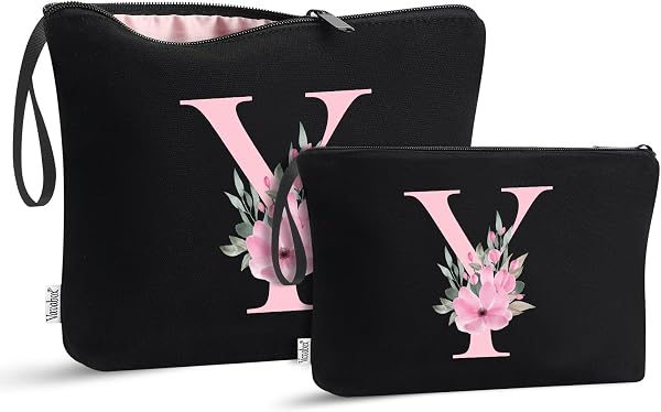 Vavabox Trousse de Toilette personnalisée A à Z, Tissu Premium & Fermeture éclair Robuste, Cadeau Parfait Femme, idée Cadeau Fille Unique, Cadeau Unique pour mariée ou Demoiselle (Y, Noir 2 Pièces)