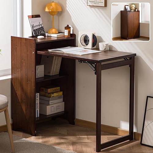 Bamboo Folding Desk for Small Spaces with Storage, Foldable Mid