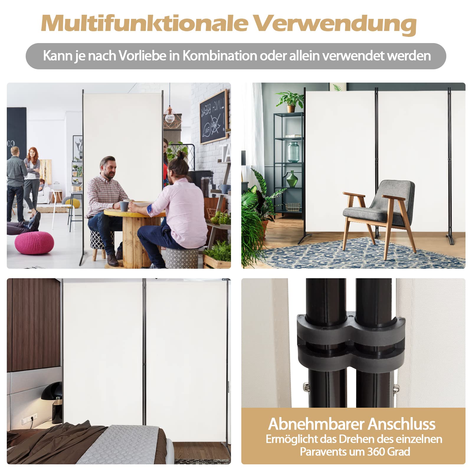 GOPLUS Paravent, Raumteiler zum Sichtschutz, Trennwand aus Stoff & Metall, Undurchsichtige Stellwand, Stabil mit Stützfüßen, Leichtes Verstauen, für Garten Balkon Büro (3-teilig, Weiß)