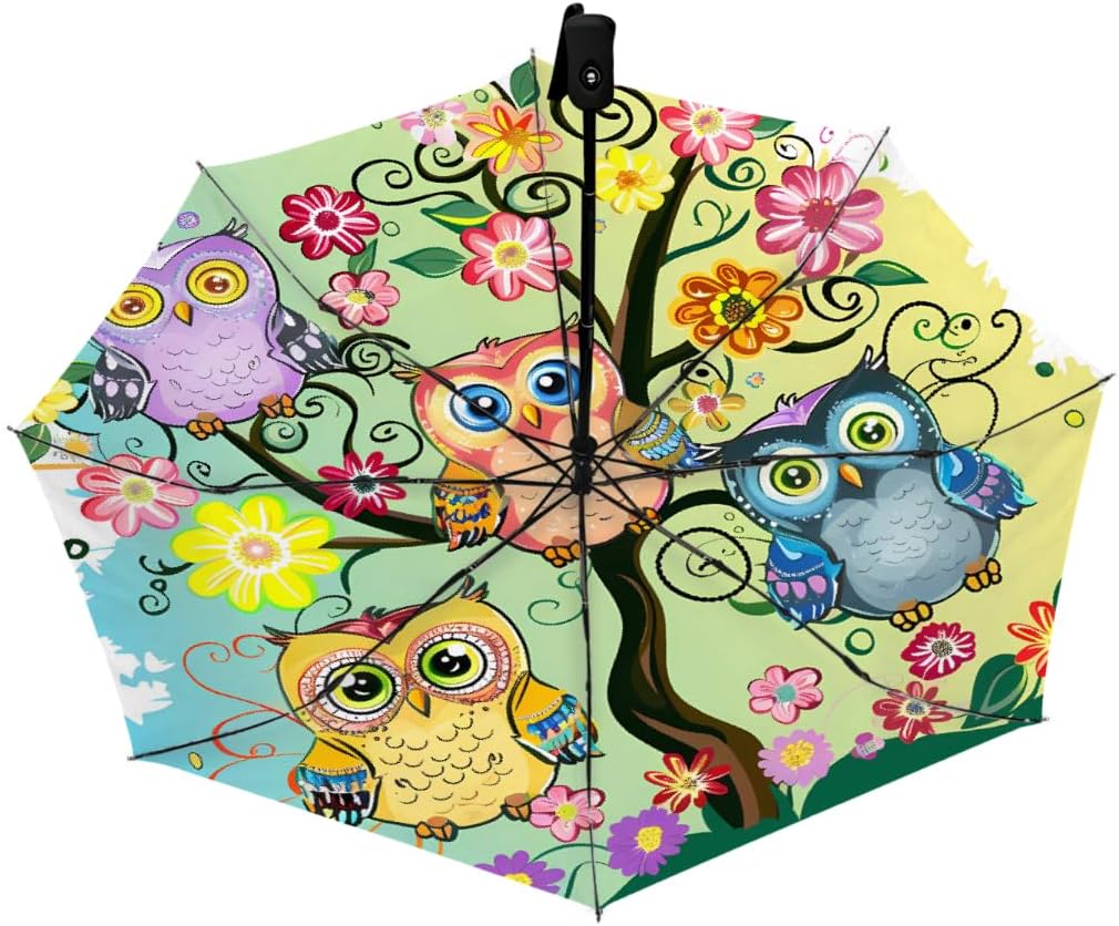 Cartoon Owls Tree Flowers Folding Umbrella Windproof Compact Lightweight Travel Umbrella with 8 Reinforced Ribs, Portable UV Sun & Rain Protection for Men & Women