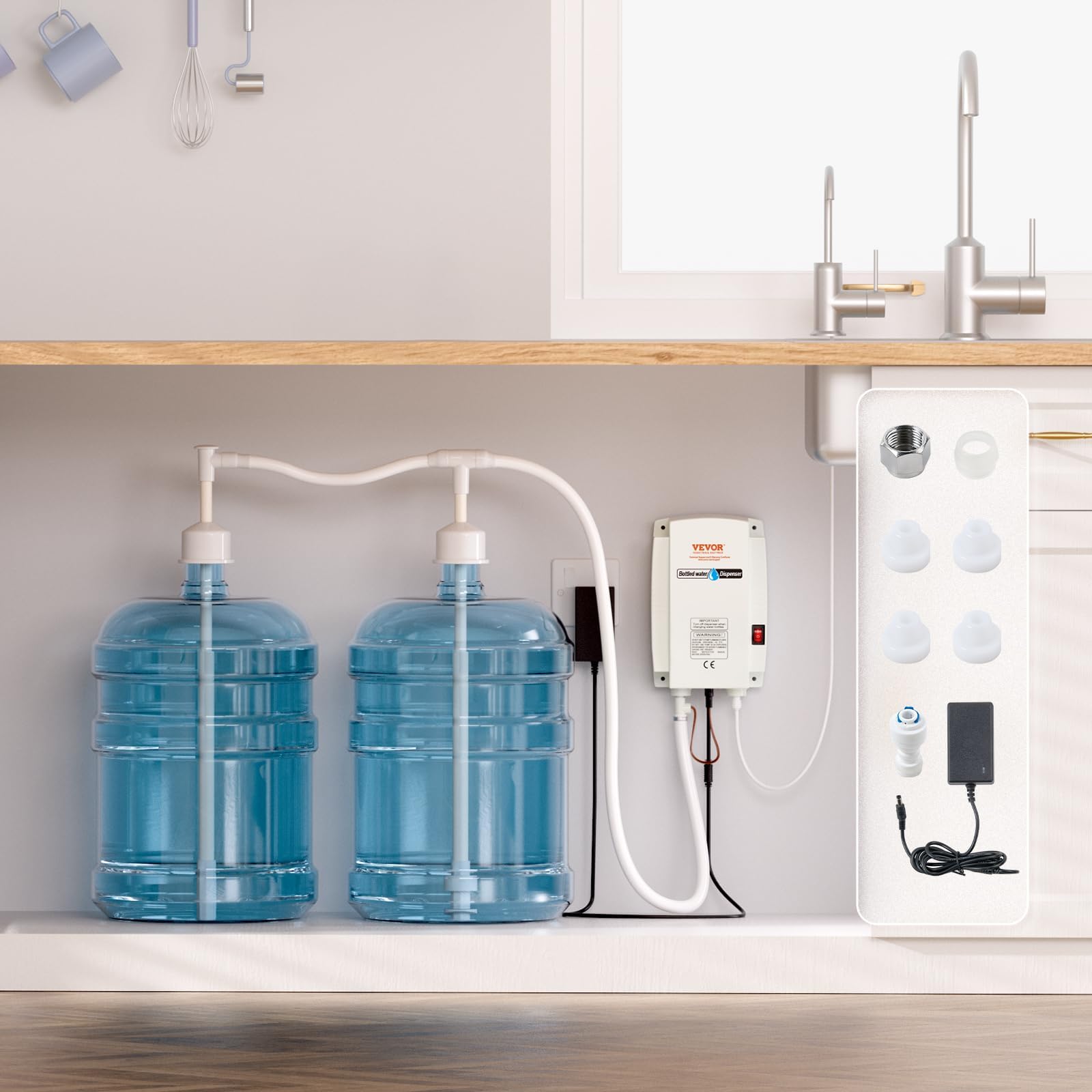 VEVOR Water Pump System for Bottles, Dual 5 Gallon Dispenser, Electric Auto Jug Pump, Dual-Tube for Coffee/Tea Appliances, Fridges, Ice Machines