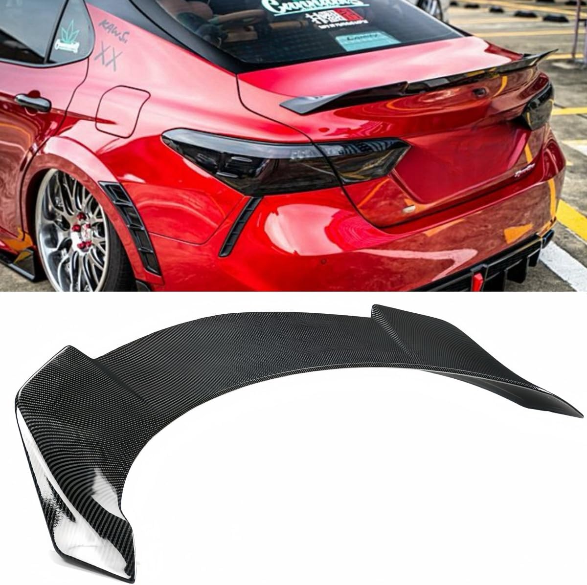 Rear Spoiler Compatible with 2018-2024 Toyota Camry SE XSE L LE XLE Hybrid, Carbon Fiber Pattern V2 Style Fits for 2018 2019 2020 2021 2022 2023 2024, Trunk Duckbill High Kick Wing Lip