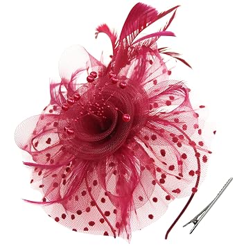 WLBON Fascinators Hat 20s 50s Headband Hair Clips Flower Mesh Veil Feather Headpiece Headwear Women Halloween Carnival Cocktail Wedding Church Cosplay Dress Up Birthday Tea Party Accessories Burgundy