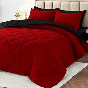 MUXHOMO 7 Pieces Queen Comforter Set, Reversible Bed in a Bag Queen Size, All Season Queen Bedding Set with Comforter, Flat Sheet, Fitted Sheet, Pillowcases & Shams, Red & Black