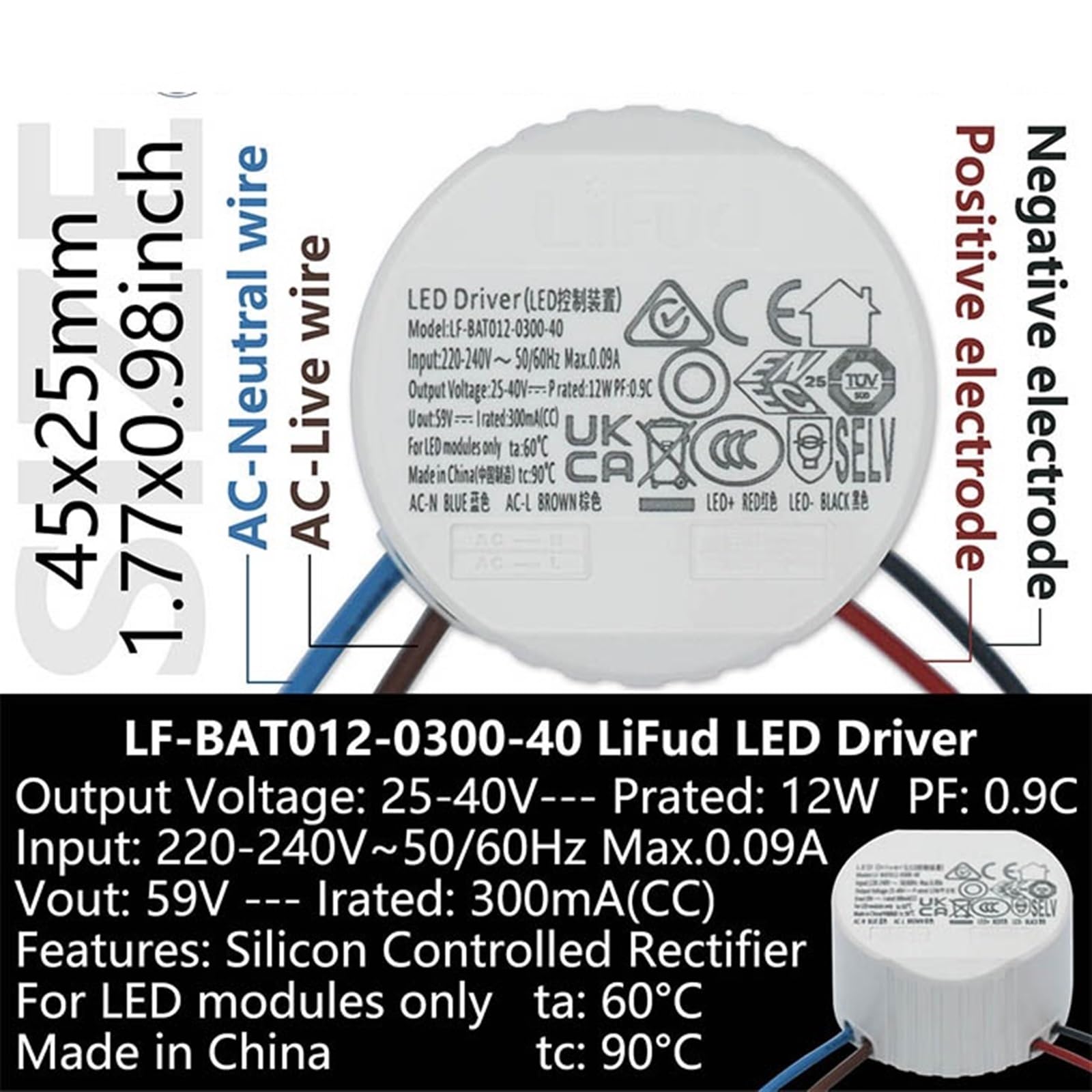 Driver LED 25-40V Raddrizzatore Controllato al silicio 250mA 300mA 450mA 500mA 600mA 700mA 750mA 1050mA Alimentatore for apparecchio a LED 1PCS (Color : 12W DC25-40V 300mA)