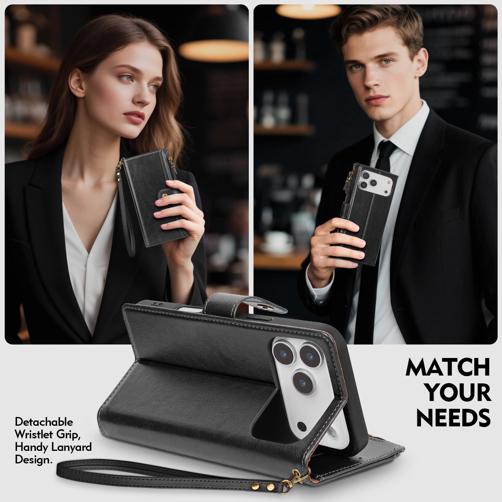 Custodia a portafoglio compatibile con Phone 17 Pro Max, con porta carte di credito, blocco RFID, cerniera, poket, in pelle PU, con cinturino da polso, slot per carte di credito, unisex, per