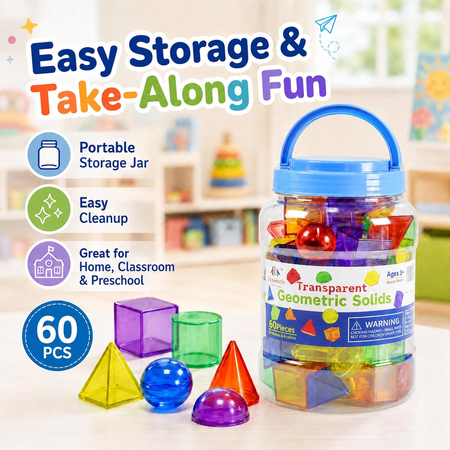 60 PCS 3D Shapes for Teaching, Geometric Solids - Geometric Shapes for Kids, Light Table Manipulatives, 3D Shapes Light Table Toys, Math Manipulatives for Classroom image 3