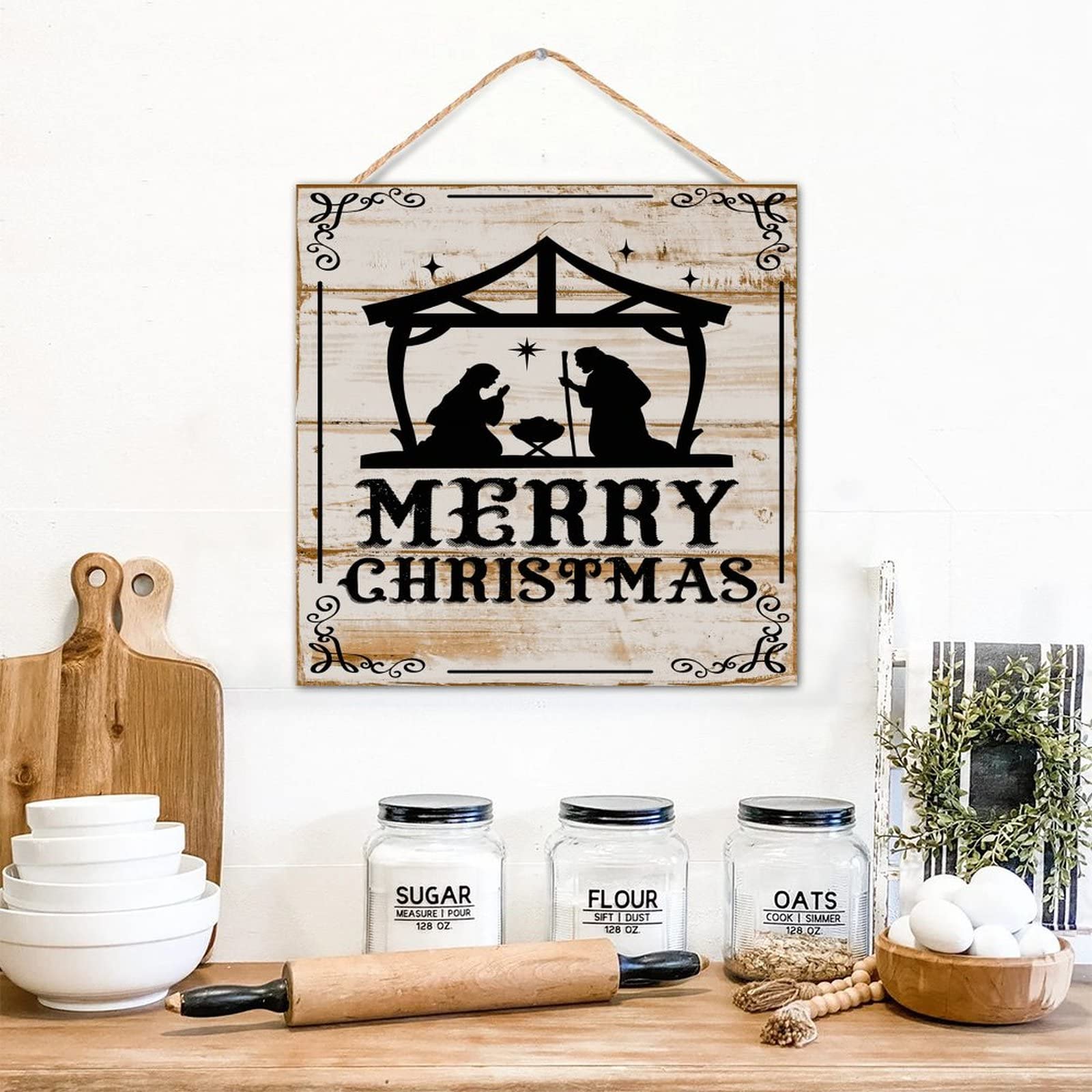 Décoration murale Merry Christmas en bois peinte pour étagère et salon 30,5x30,5 cm