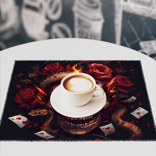 Miniatura 7 de Halloween Poker Red Rose Fire Skull Placemats Set of 6 Resistant Table Mats Washable Place Mats for Dinner Party Table Decoration
