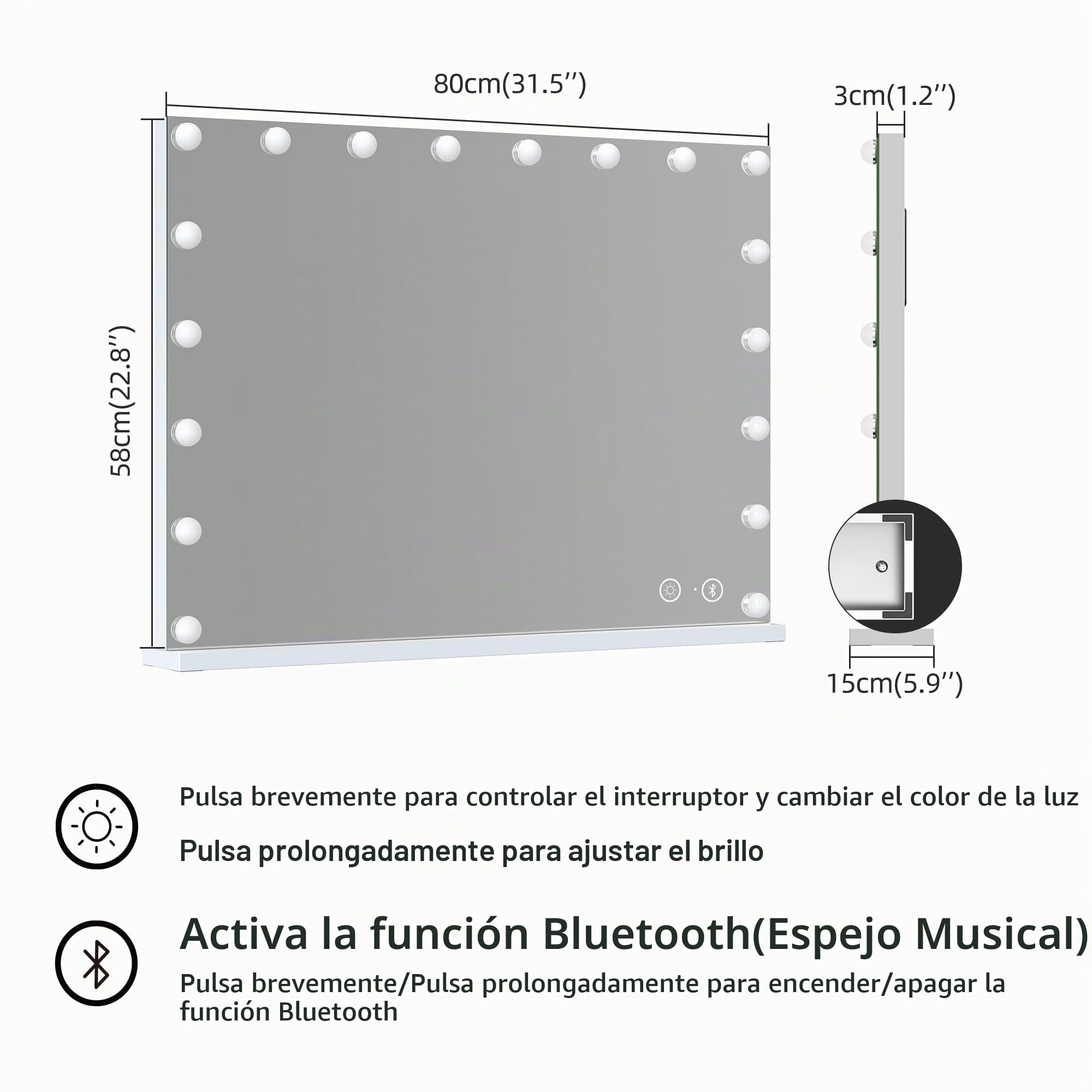 Hansong Hollywood - Espejo con Bluetooth (80 x 60 cm, con 18 Bombillas LED, Espejo, 3 Colores