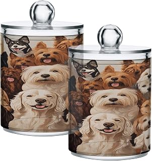 ALAZA Dog Family Animal Puppy 2 Pack Qtip Holder Dispenser for Cotton Swabs, Balls, Pads, Floss 10 oz Plastic Canister Organizer