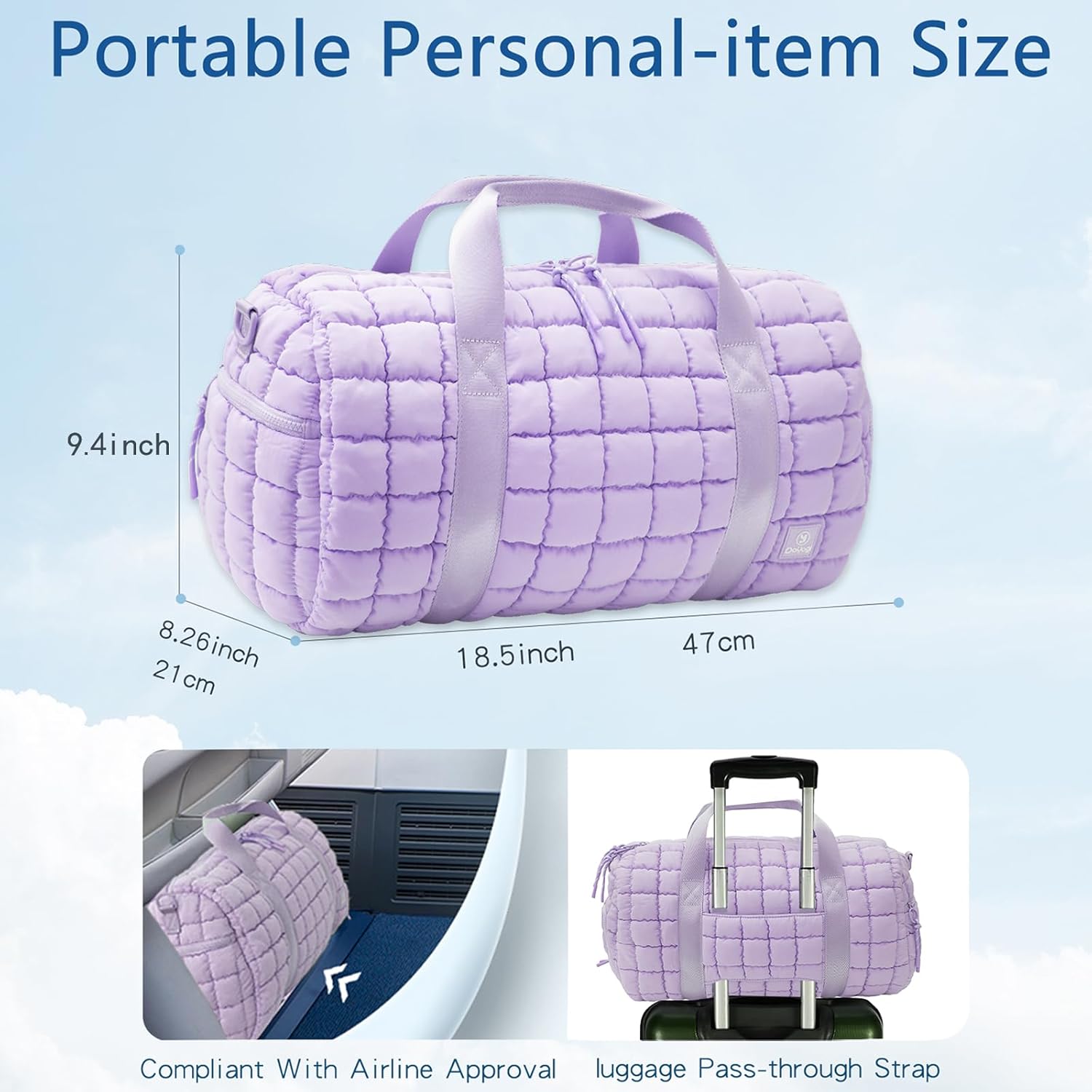 Quilted Gym Bag for Women,Duffle Bag for Travel with Wet Pocket,Carry on Weekender Bags for Women,Travel Bag with Shoe Compartment (Light purple) - Image 2