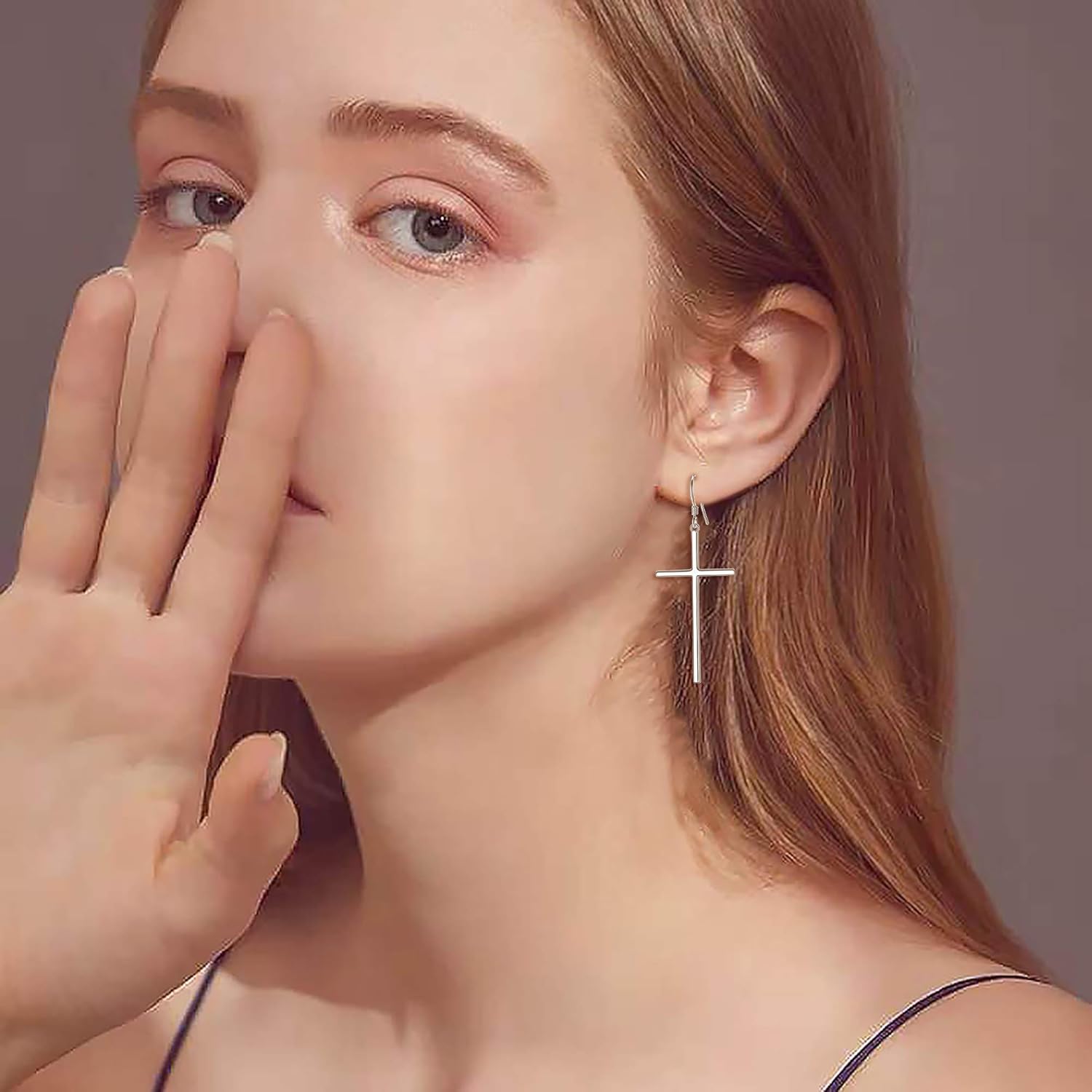 EVER FAITH 925 Sterling Silver Cross Earrings Long Dangle Hook Earring Simple Minimalist Jewelry for Women - Image 2