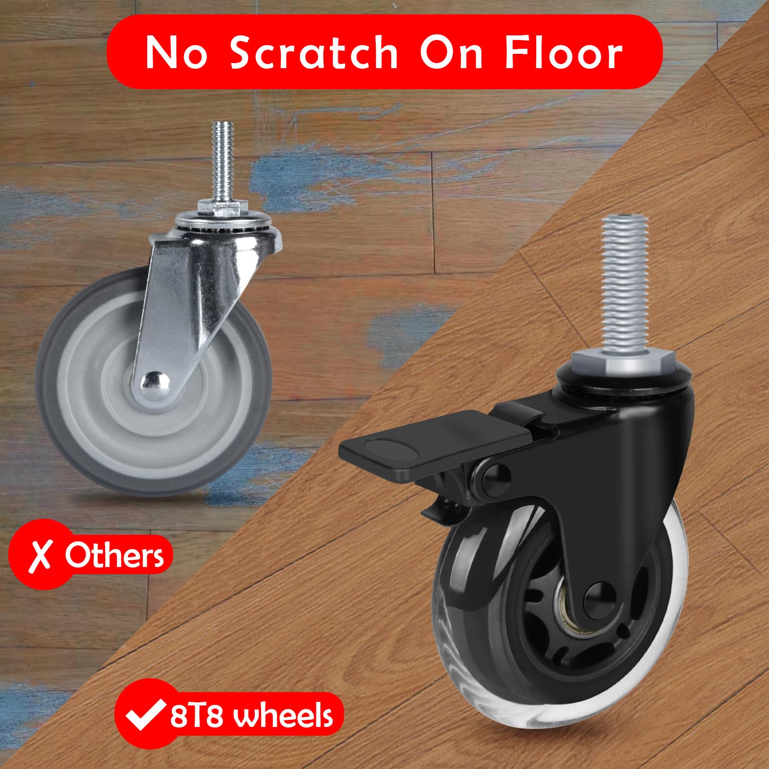8T8 3 Inch Caster Wheels Heavy Duty with Brakes, Rubber Casters with 1/2"-13 x 1-1/2" Threaded Stem (Screw Diameter 1/2", Length 1.5"), Quiet and Smooth Rolling Castors, Set of 4