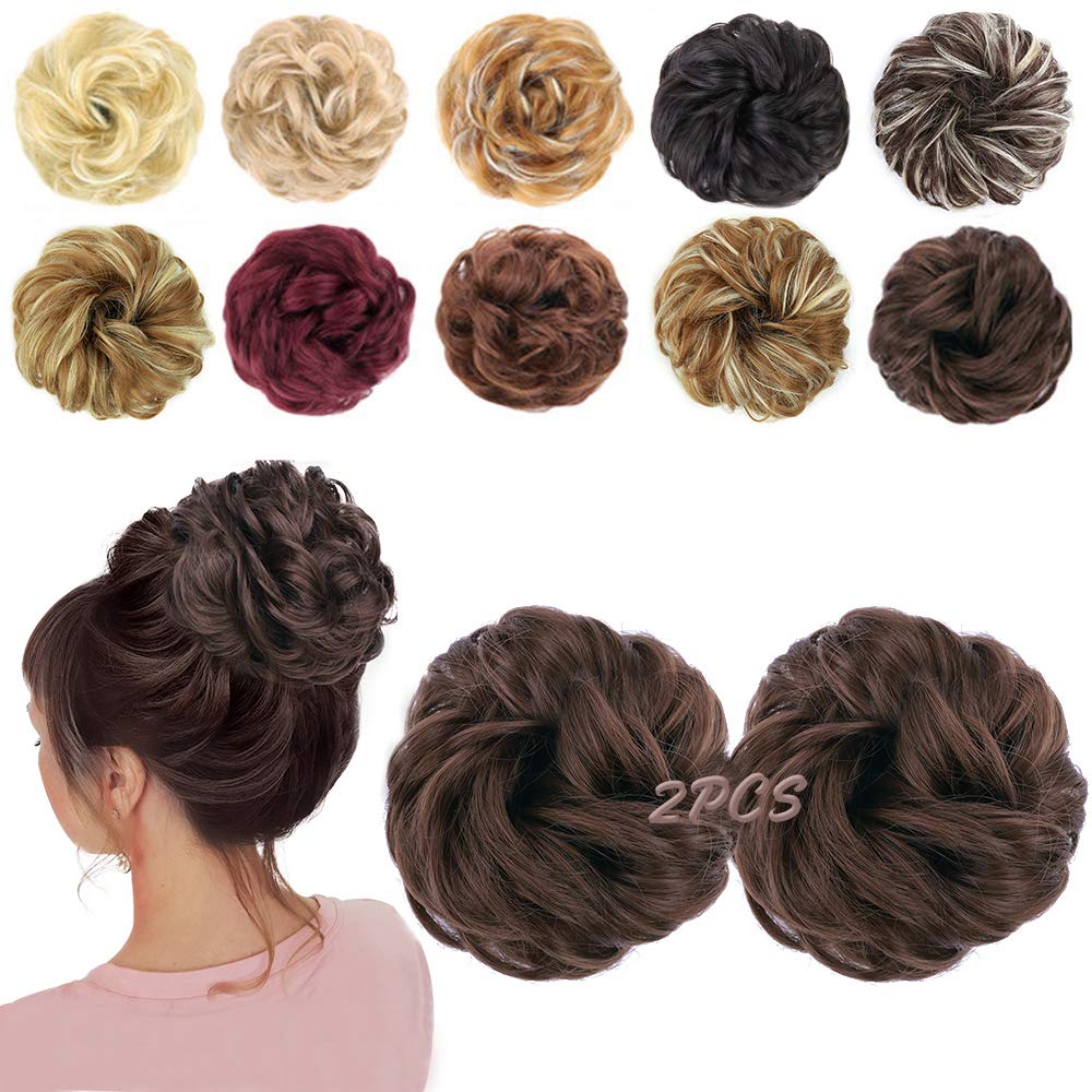 MORICA(Medium chestnut Brown) - 2PCS Messy Bun Hair Scrunchies Messy Bun Hair Piece for Women Curly Wavy Scrunchy Updo Bun Extensions