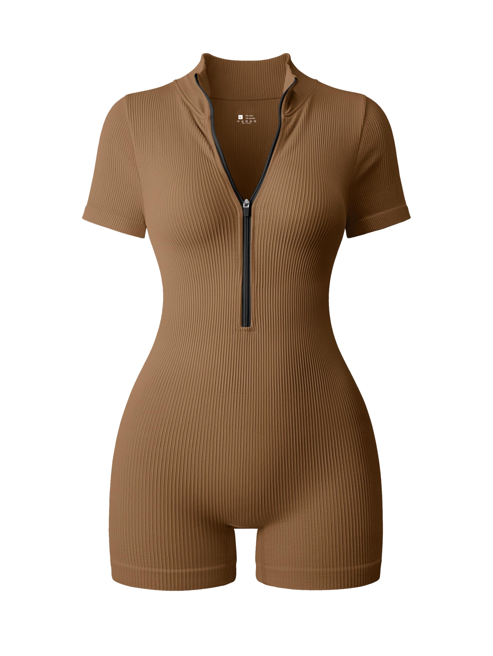TOB Women Medium Yoga Rompers Ribbed Short Sleeve Zip Basic Tummy Control Exercise Rompers Coffee