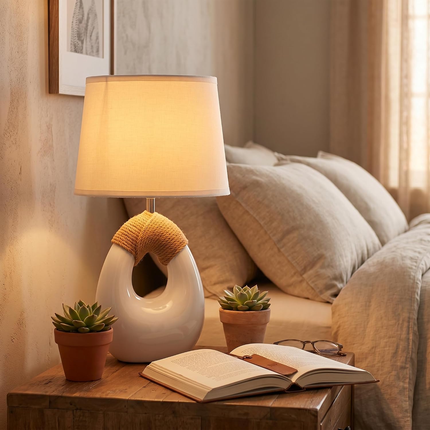 SOTTAE 16” Boho Table Lamps Living Room Bedroom,Rattan Bohemian Ceramic Base,Farmhouse Desk Lamp Rustic Egg Design Nightstand Bedside Lamps for Bedroom Living Room Office Study image 4