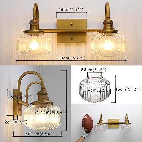 Miniatura 2 de Aplique de pared de vidrio de 2 luces con pantalla de globo a rayas transparentes, lámpara de pared de latón envejecido industrial para sala de