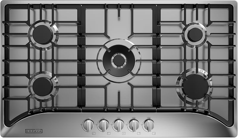 Estufa de gas empotrada Empava de 36 pulgadas, 5 quemadores SABAF, NG LPG inoxidable | Quemador wok de 20000 BTU, encendido por pulso eléctrico automático, 5 quemadores italianos SABAF, convertible de doble combustible, acero inoxidable